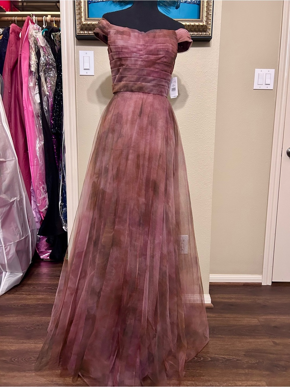 Rene Ruiz Off-Shoulder Mauve Rose Tulle Maxi Gown